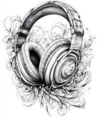 A detailed illustration of headphones surrounded by artistic swirls.