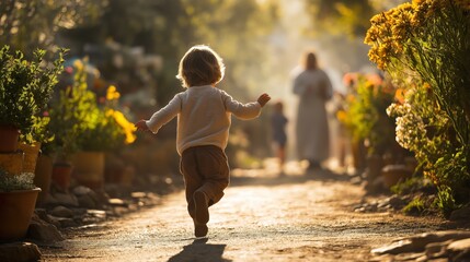 Little boy runs to Jesus, heaven