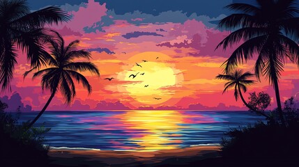 Silhouettes of palm trees on a tropical beach at sunset.