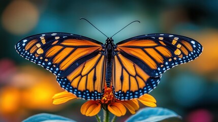 Obraz premium A vibrant butterfly perched on a flower, showcasing nature's beauty.