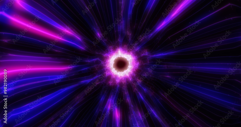 Poster a mesmerizing burst of neon pink and blue light rays converging at a bright core in dynamic energy f