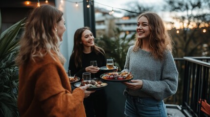 A vibrant Friendsgiving gathering on an apartment balcony at sunset with friends enjoying food and drinks
