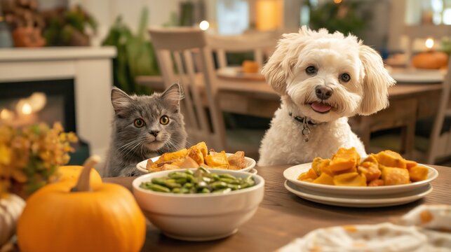 A Thanksgiving dinner table featuring a dog and a cat enjoying pet-friendly meals among autumn decorations