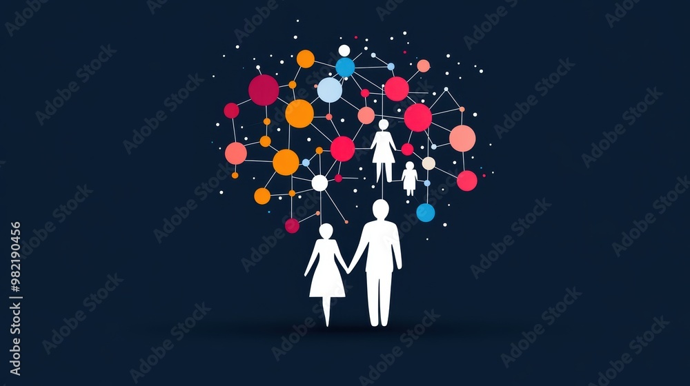 Poster a circular network diagram representing the relationships between different members in a family, wit