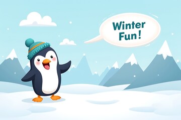 Happy penguin enjoying winter fun in snowy mountains, cheerful expression, playful background