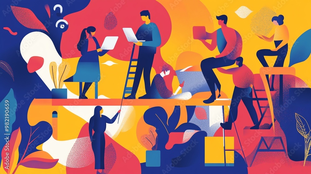 Poster an illustration of diverse people using technology and working together in a colorful and abstract s