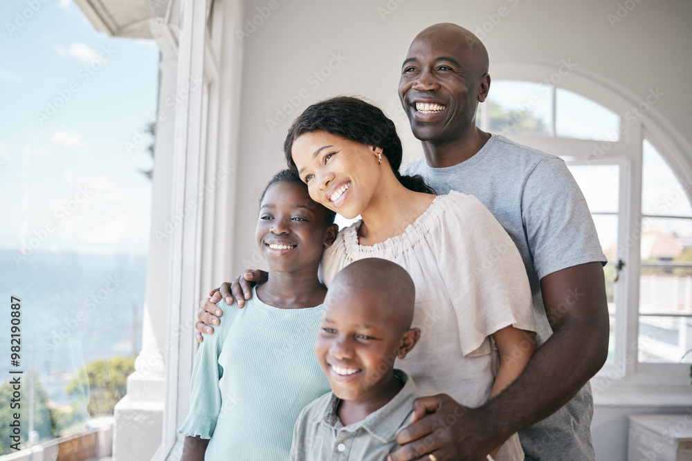 Poster Happy, bonding and black family by window in home for view, connection or reflection. Smile, thinking and African children with mother and father in house accommodation for vacation or weekend trip.