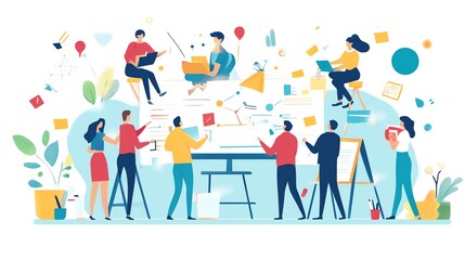 Team of diverse people collaborating on a project, brainstorming ideas around a whiteboard.