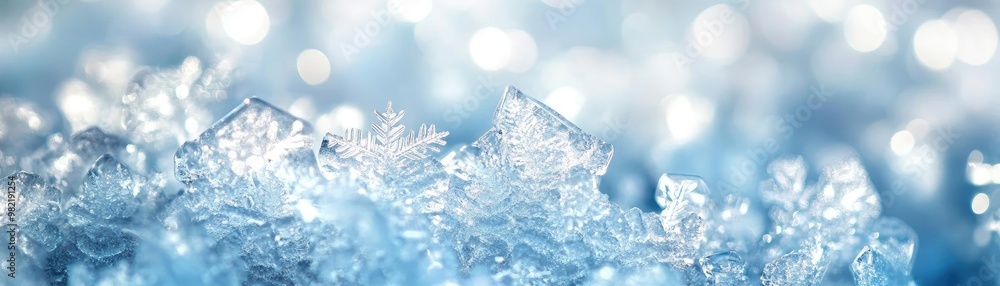 Poster close-up of sparkling ice crystals with a soft blue background, creating a serene and wintry atmosph