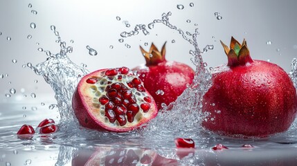 Pomegranates Splashing in Water with Water Droplets