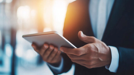 Two men in business attire collaborating on a project, discussing work over a tablet in a modern corporate office, copy space