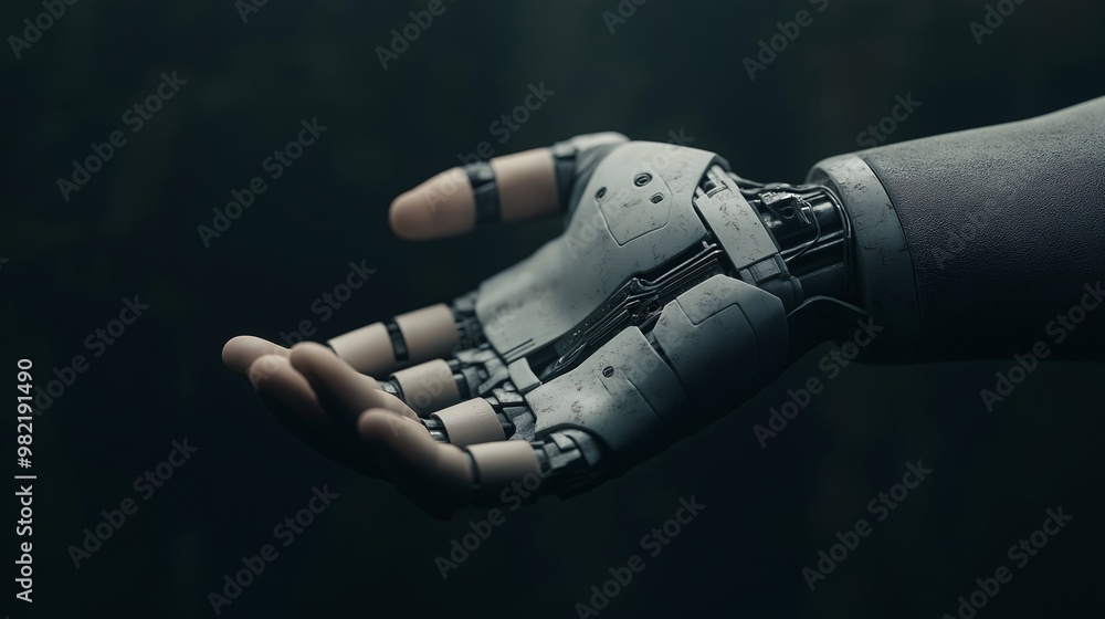 Poster the human touch of tomorrow: a hyperrealistic depiction of a robotic hand, showcasing intricate mech