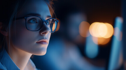 Coworkers in a late-night office setting, illuminated by soft light, collaborating on a project, focused on computer screens, teamwork, copy space