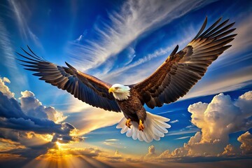 Fototapeta premium The majestic eagle soars effortlessly through the cerulean sky, its broad wings extended and its piercing gaze scanning