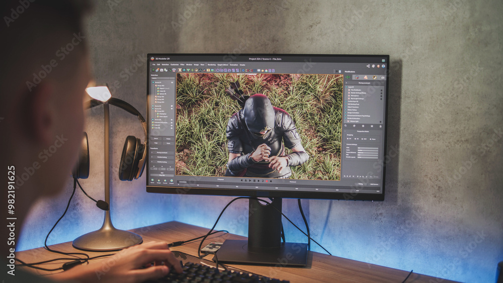 Poster young designer creates 3d model of game character using pc. interface of professional 3d modeling so