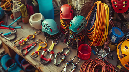 Fototapeta premium Some climbing gear and accessories on brown wooden table