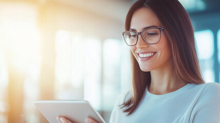 Two business professionals collaborating on a project using a tablet, bright office setting, smiling, teamwork, modern workspace, copy space
