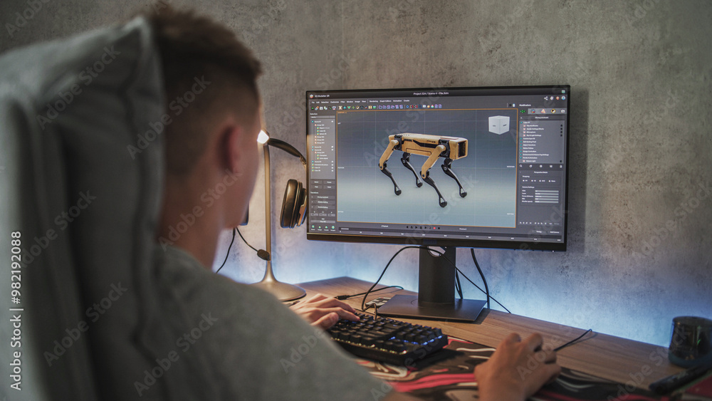 Poster young designer creates 3d model and animation of the robot dog using pc. interface of professional 3