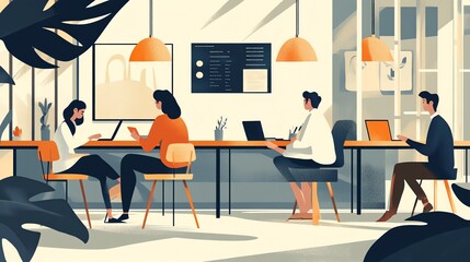 Illustration of four people working on laptops in a contemporary office space.