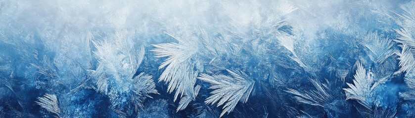 A stunning close-up of frost patterns creating intricate designs on a cool, blue frosted surface, evoking winter's beauty.