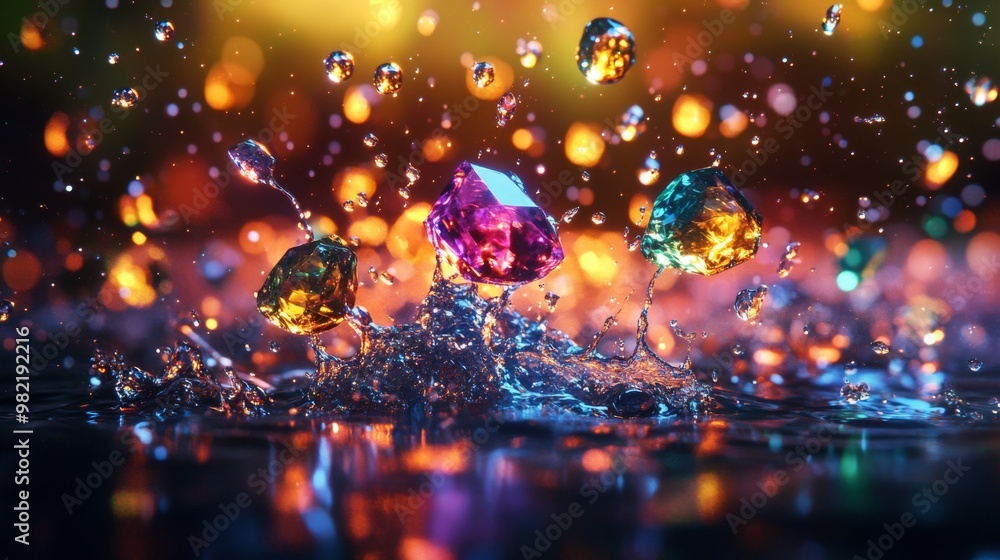 Poster three colorful gems splashing into water with a bokeh background
