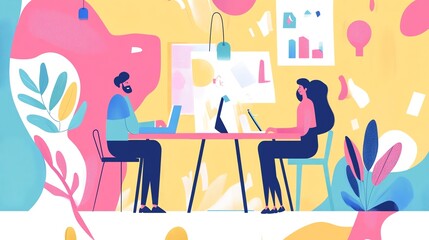 Two people working on laptops at a table in a colorful office setting.