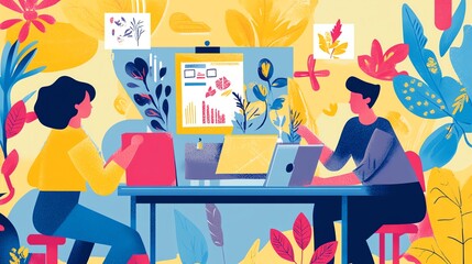 Illustration of two people working at a desk, surrounded by plants.