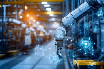 image showcases robotic arm in smart factory setting, emphasizing advanced 5G connectivity and automation technology. scene conveys sense of innovation and efficiency in modern manufacturing