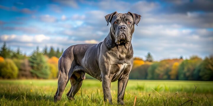 The stately blue cane corso dog stands tall in the field, its brindle markings glistening in the sunlight