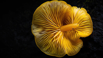 Layered Yellow Sulfur Shelf Mushroom Captured from Above, Isolated on Black