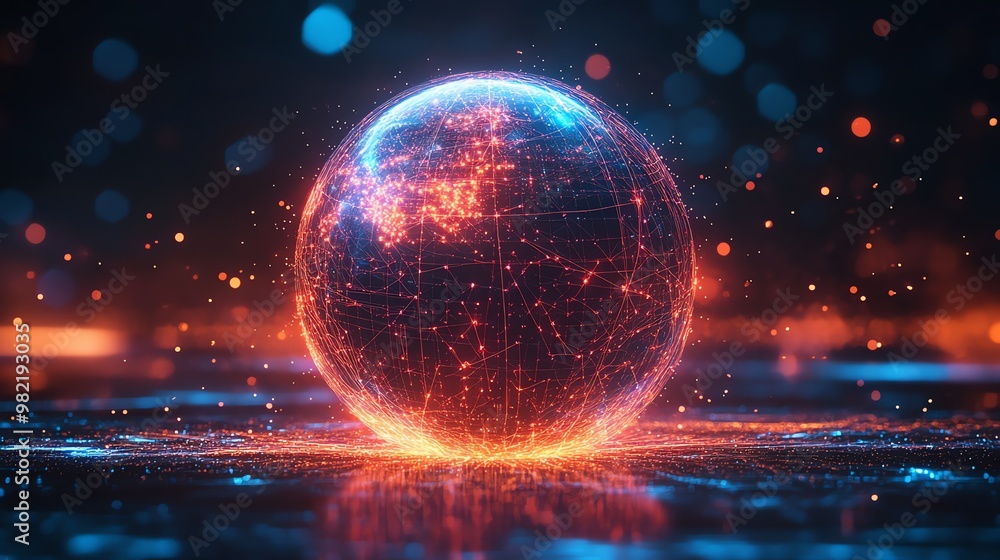 Poster abstract 3d glowing sphere with connections, futuristic glowing lines and dots on a dark background.