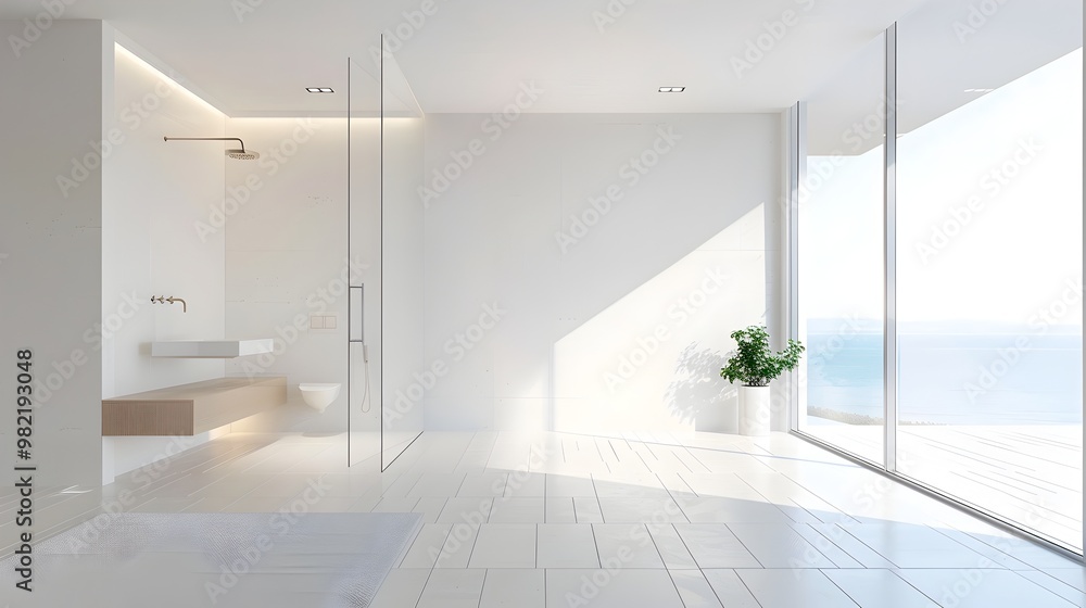 Poster minimalist bathroom with walk in shower and clean lines focusing on function and form