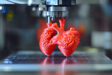 Close up of bioprinted heart valve showcasing intricate details and vibrant red color. This innovative technology represents significant advancement in medical science and tissue engineering