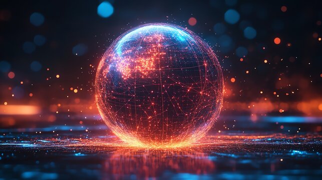 Abstract 3D glowing sphere with connections, futuristic glowing lines and dots on a dark background.