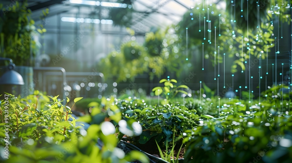 Poster automated and interconnected smart garden with greenhouse sensors and sprinklers