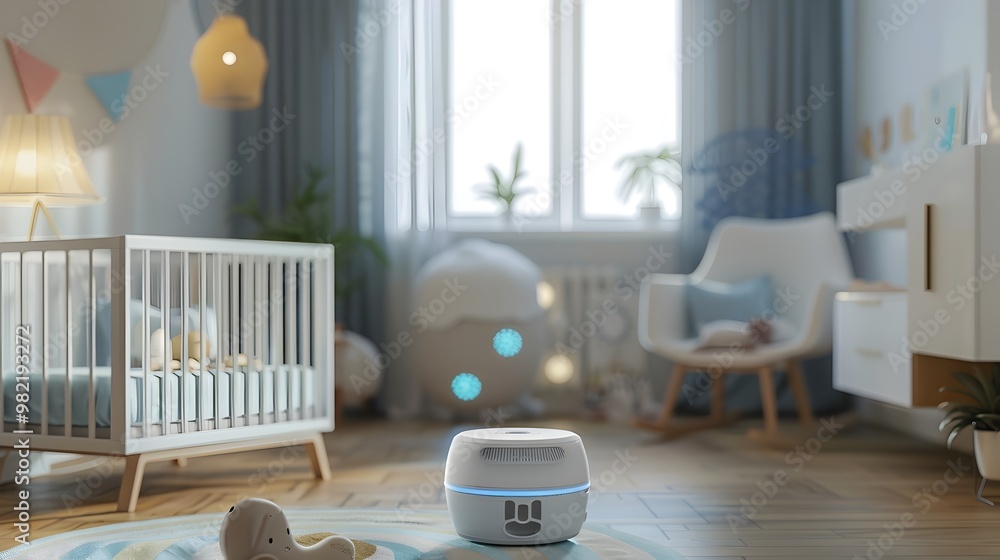 Poster cozy smart nursery with interconnected baby devices and automated lullaby player