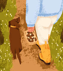 Walking with dog on footpath at countryside, carrying basket with collected mushrooms. Fall season leisure activity. Autumn country nature. Going with puppy for fungi picking. Flat vector illustration © Good Studio