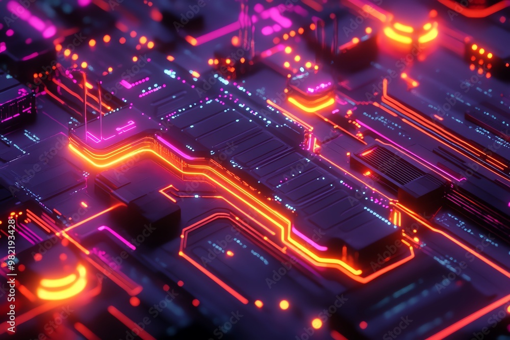 Aufkleber abstract 3d rendering of a circuit board with glowing neon lights.
