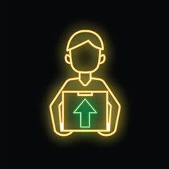 Neon sign icon of a delivery man holding a cardboard box with an up arrow