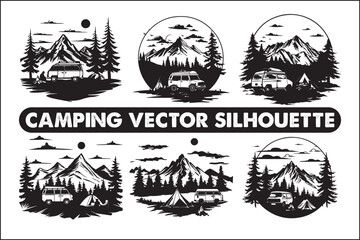 Camping Outdoor Adventure silhouette,
Wilderness,
Nature,
Tent,
Campfire,
Hiking,
Forest,
Backpacking,
Campground,
Mountain,
Travel,
Exploration,
Silhouette,
Vector,
Black and white,
Minimalist,
