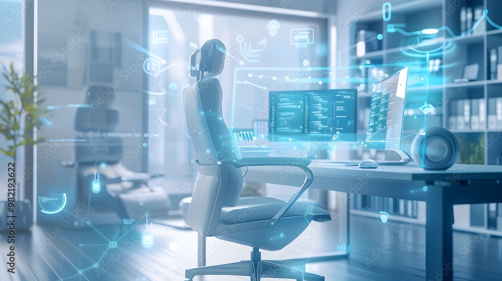 Poster interconnected smart workspace with ergonomic furniture and assistant