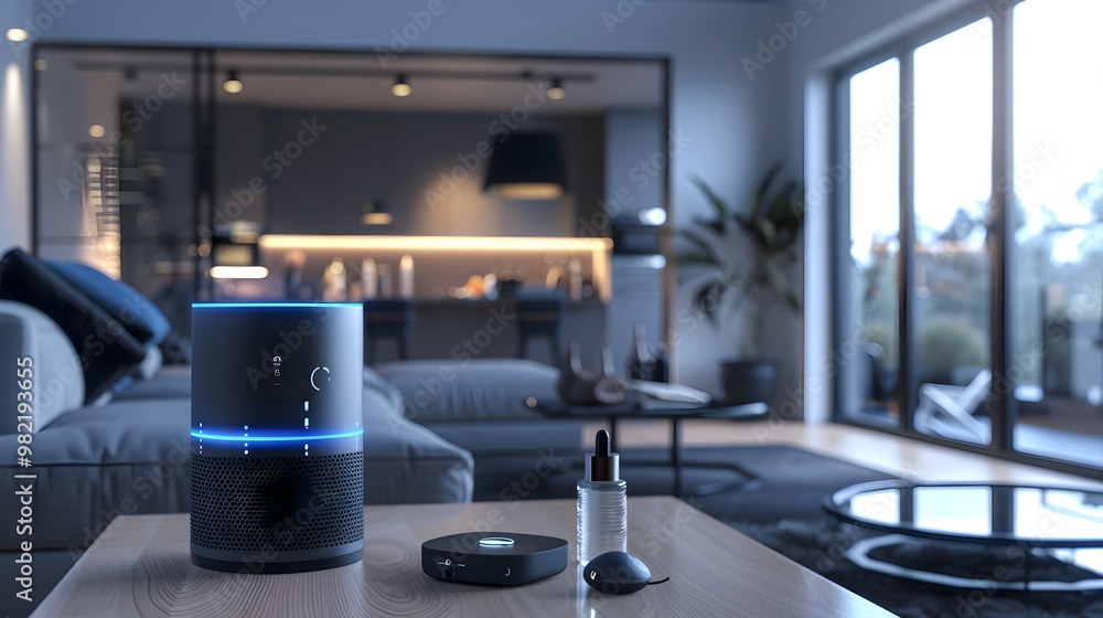 Poster interconnected devices in a luxury smart home with automated climate control smart lighting and voic