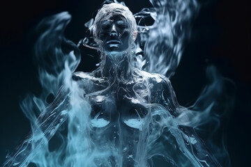 Athletic female figure surrounded by splashes of water, concept of variability, freedom, water elemental. on blue, underwater