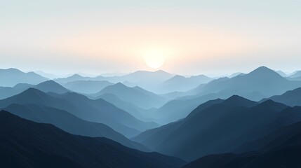 Obraz premium Serene sunset over layered mountains in soft blue hues.