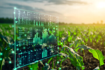 image showcases vibrant agricultural field with digital interface displaying data analytics and graphs, symbolizing integration of technology in farming. This scene reflects future of precision agric