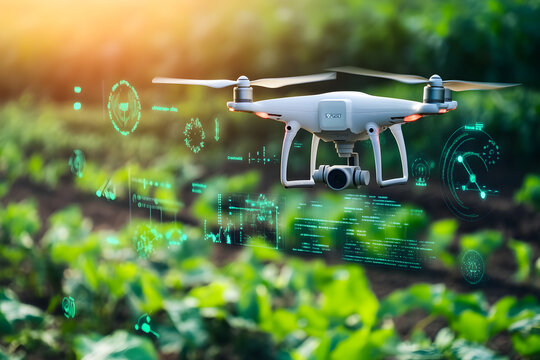 A drone hovers above lush green field, surrounded by digital data overlays showcasing advanced technology in agriculture. This scene captures integration of innovation and farming, highlighting future - Powered by Adobe