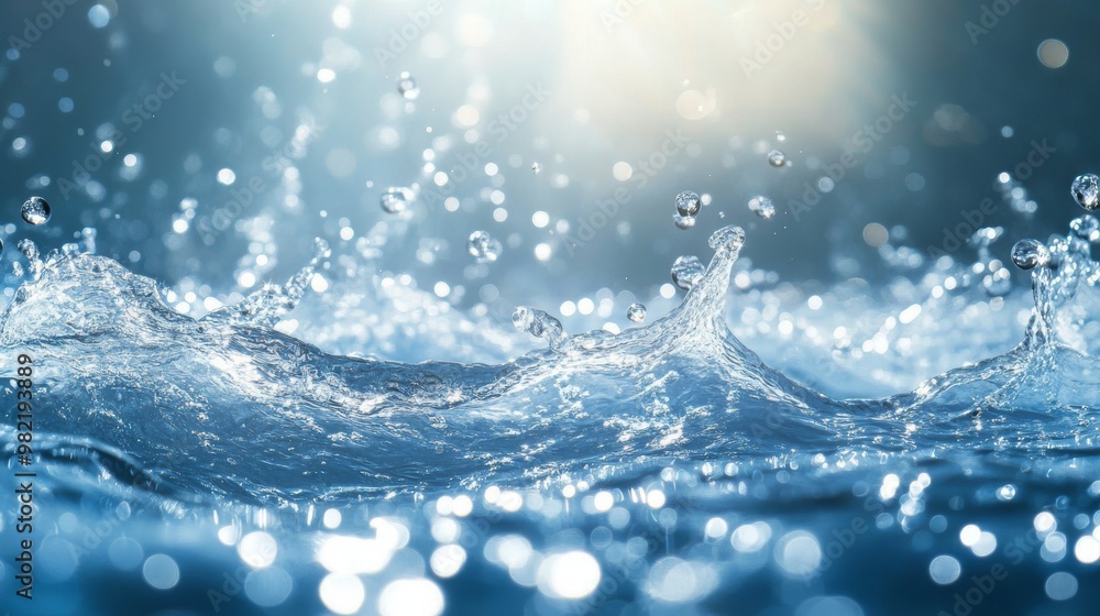 Poster water splashing and creating a wave with droplets in the air