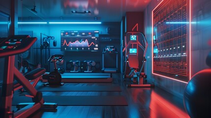 Interconnected Fitness Room with Smart Gym Equipment Wearable Trackers and Virtual Trainer Display