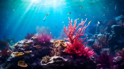 Obraz premium underwater coral reef landscape in the deep blue ocean with colorful fish and marine life background wallpaper 