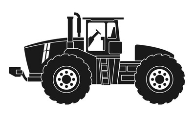 Modern tractor icon in side view, monochrome silhouette